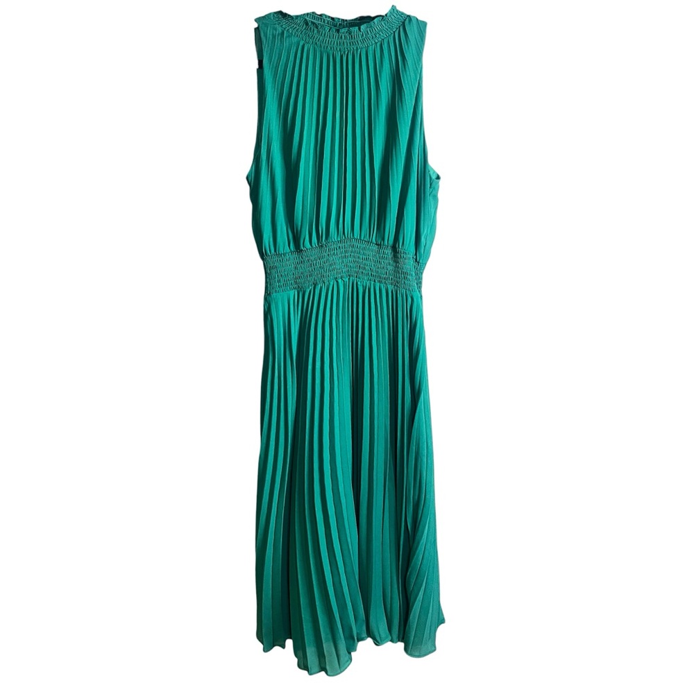 Green Sleeveless Teal Pleated Midi Dress Size Medium Wedding Guest Party Dress - Picture 2 of 6